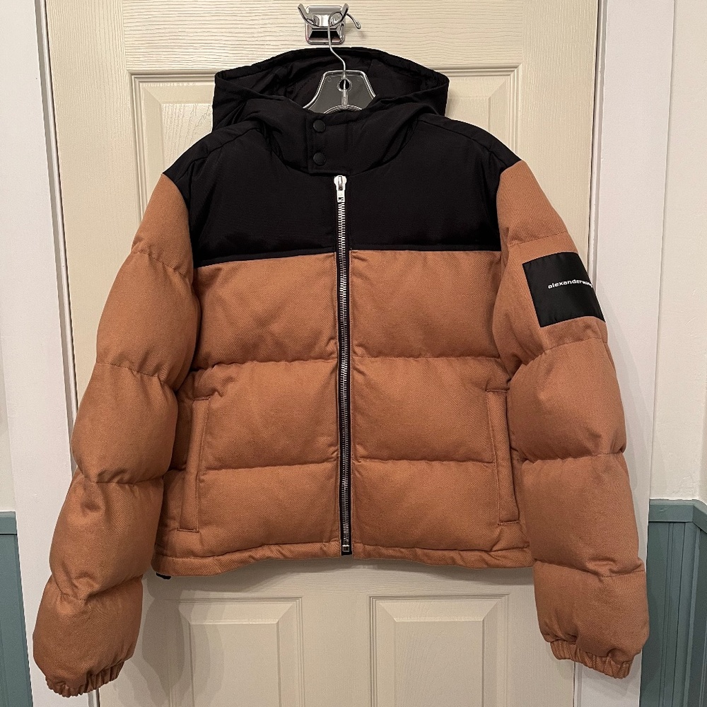 NWOT Alexander Wang Colorblock Hooded Nylon Denim Puffer Jacket Sz S